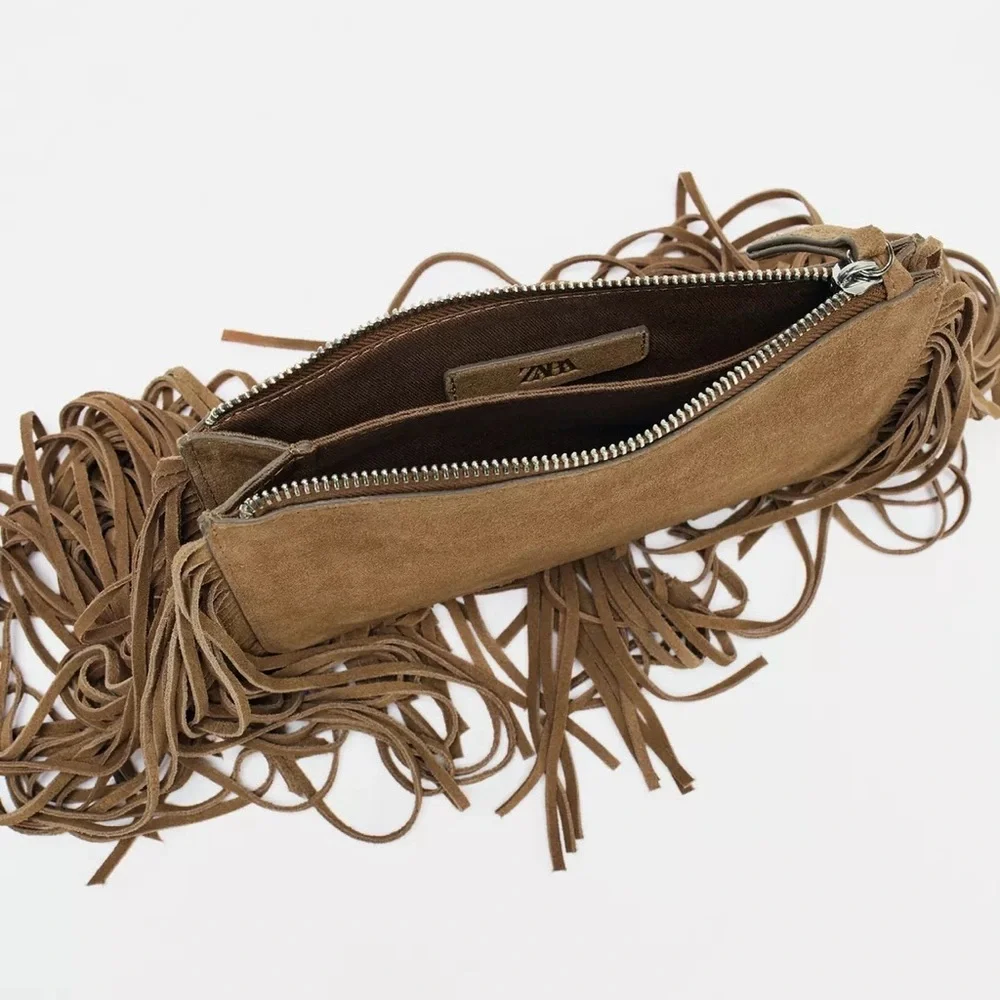 ZARA Leather Fringed Crossbody Bag - Brown
